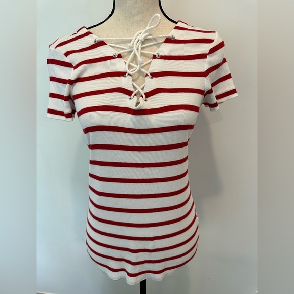 Ralph Lauren Sport Large Stripe Tie Rope Neck Top Polo Horse Logo Red and White - Picture 1 of 8